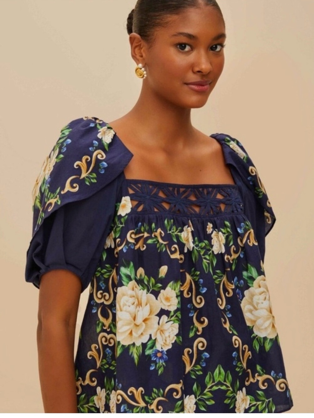 FARM Rio Blue Flower Tapestry Yoke Blouse